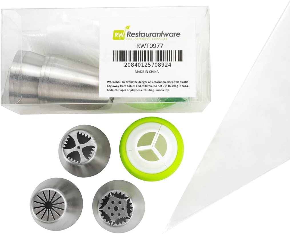 Restaurantware Pastry Tek Russian Piping Tips Set 20 Piece Durable Cake Decorating Kit - 9 Piping Tips 10 Piping Bags Stainless Steel Piping Bags And Tips Set 1 Tri-Color Coupler