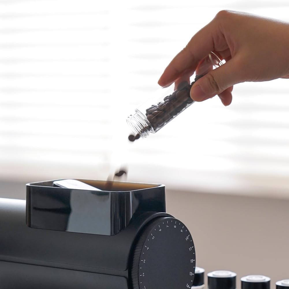 watchget Single Dose Coffee Storage Tubes 10 Pcs Dosing Glass Vials with One-way Exhaust Valve Lids Coffee Bean Storage Coffee Bean Cellar with Hopper & Wood Base, B