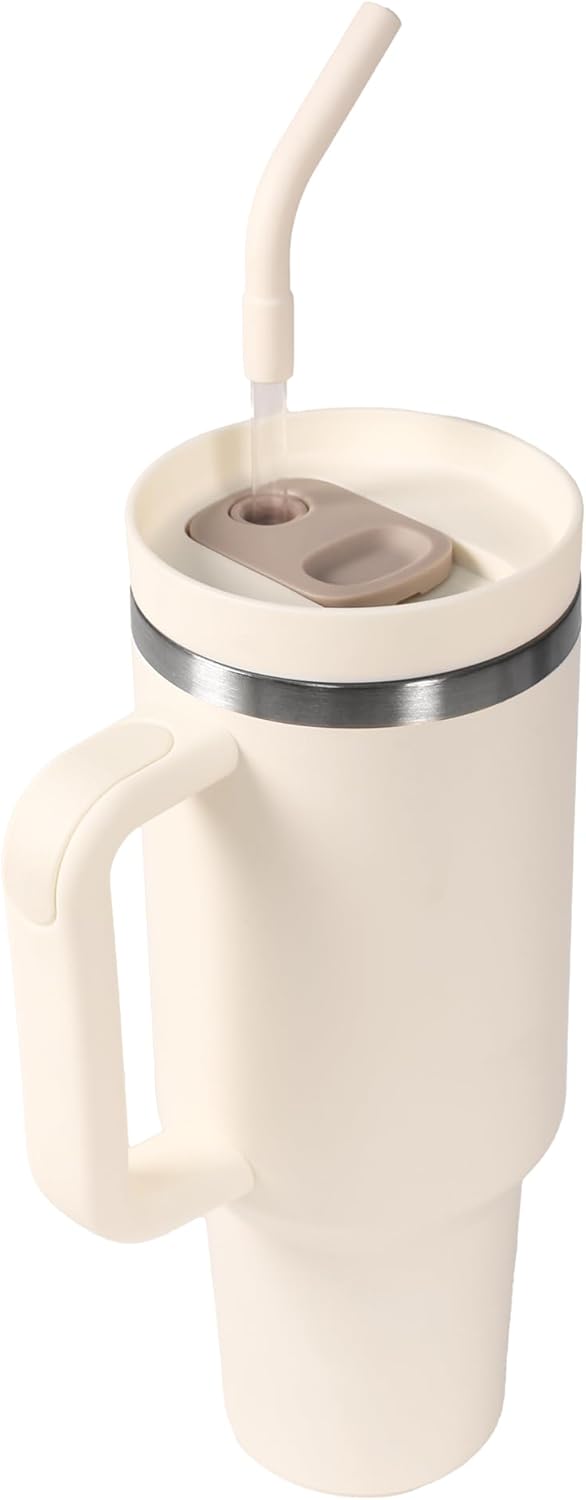 40 oz Water Bottle with Handle & Straw – Insulated Stainless Steel Bottle, Leakproof, Fits in Cup Holder – Reusable Cold Drink Thermos for Women & Men (off-White)