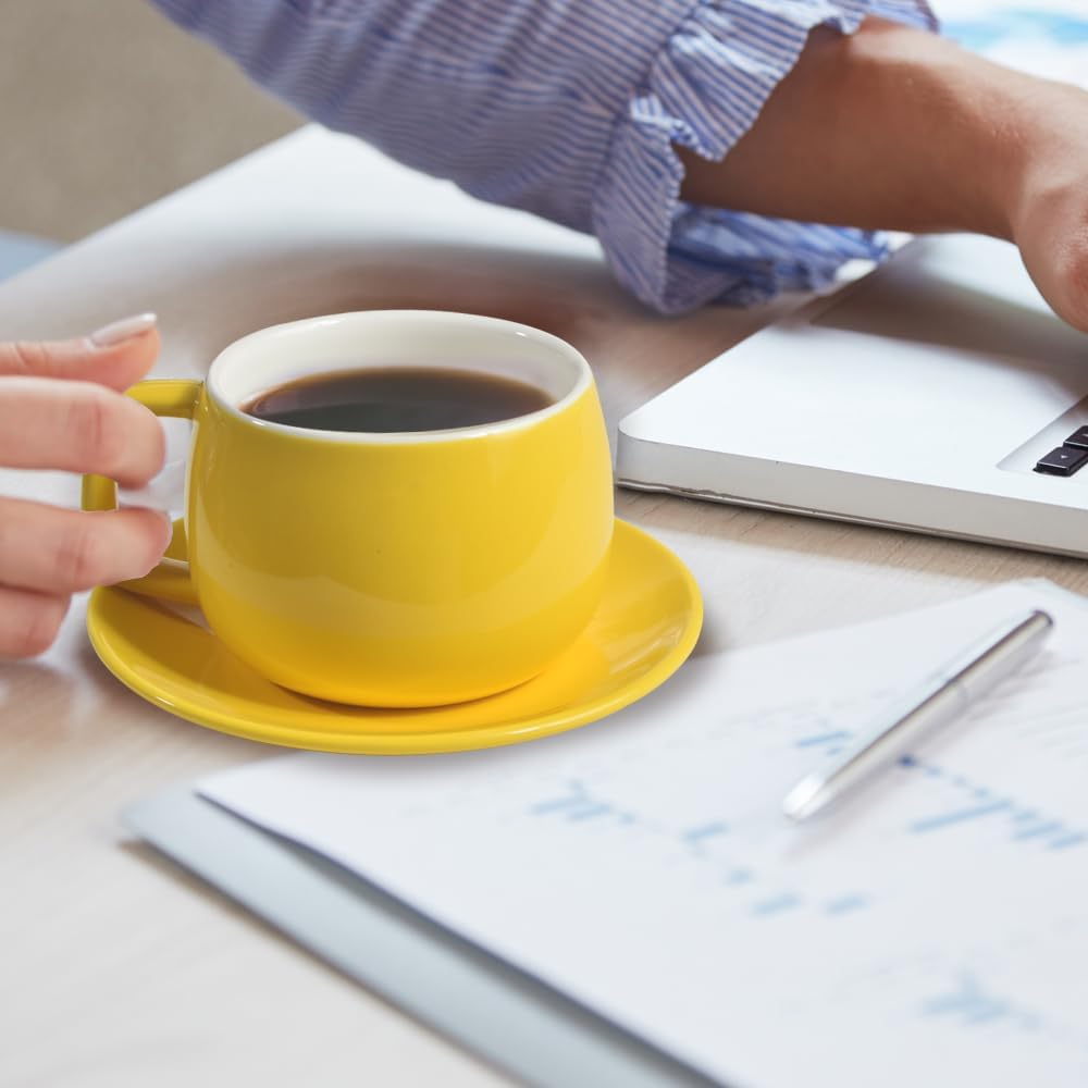 Porcelain Coffee Cup with Saucer 270ml/9oz, Minimalist Design, Perfect for Latte, Cappuccino, and Tea, Yellow