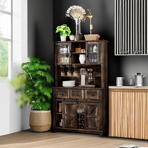 72" Coffee Bar Cabinet with Sliding Barn Door & LED Lights, Sideboard Buffet Cabinet with Wine Bottle Rack, 3 Drawers, Storage Cabinet for Kitchen, Dining Room, Dark Rustic Oak, DBC20B