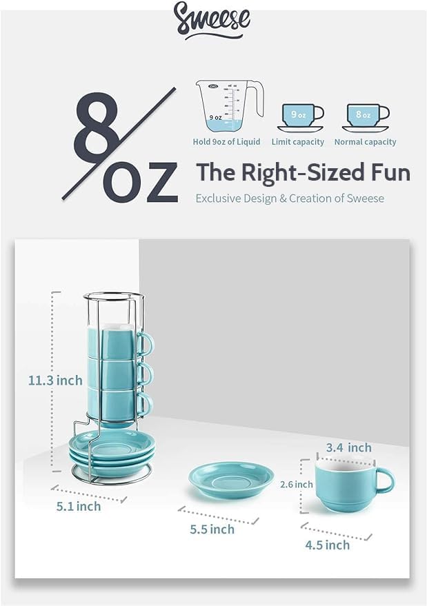 Sweese 8 Ounce Porcelain Stackable Cappuccino Cups with Saucers and Metal Stand - for Specialty Coffee Drinks, Cappuccino, Latte, Americano and Tea - Set of 4, Turquoise