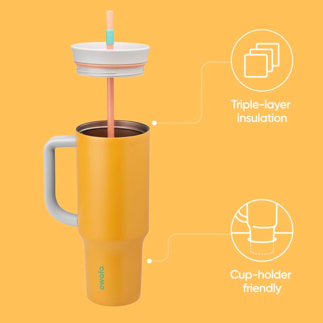 Owala Stainless Steel Triple Layer Insulated Travel Tumbler with Spill Resistant Lid, Straw, and Carry Handle, BPA Free, 40 oz, Orange (Tropical)