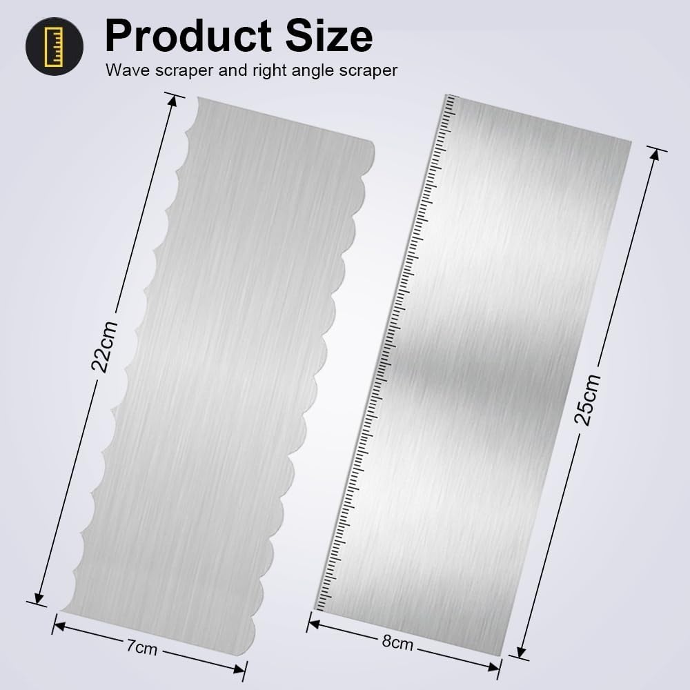 2Pcs Stainless Steel Cake Scraper - 8.6 Inch Double Sided Patterned Edge Stripe Smoother Scraper, Cake Smoother for Icing Mousse Butter Cream, Cake Decorating Comb Measuring Tool