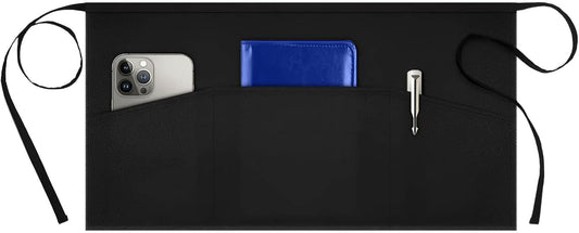 Syntus 1 Pack Server Aprons with 3 Pockets, Waterdrop Resistant Waitress Waiter Waist Apron, 11.5-inch Black