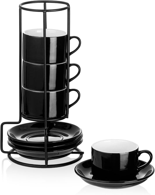 2.5oz Porcelain Stackable Espresso Cups with Saucers and Metal Stand Set of 4, Stackable Cappuccino Cups, Black Expresso Shots Cup Set for Coffee Drinks, Latte, Tea