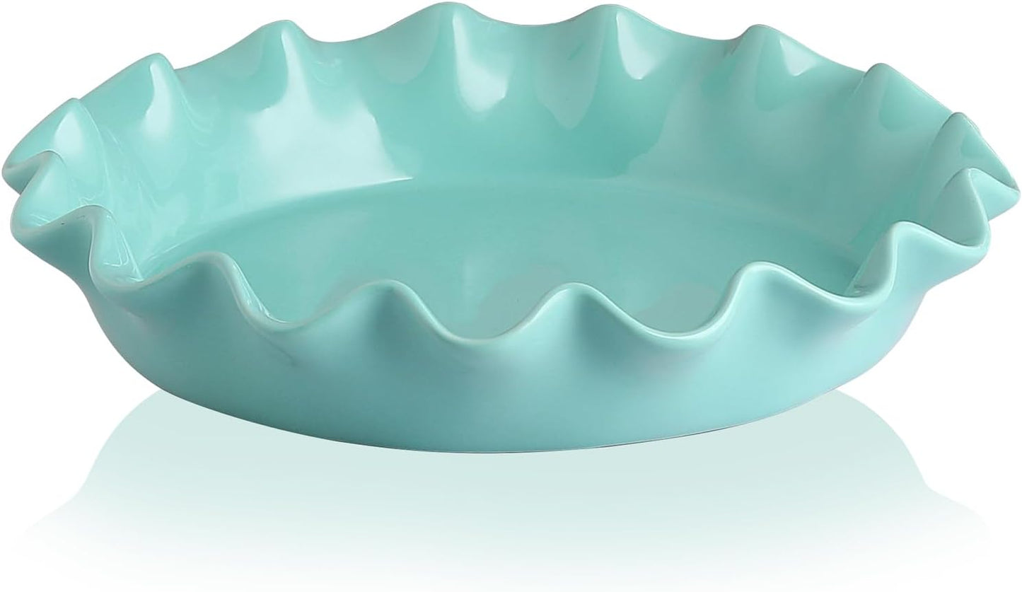 Sweejar Ceramic 11.5 Inches Pie Pan for Baking, Deep and Fluted Porcelain Round Pie Dish, Non-Stick Pie Plate for Pumpkin Pie, Apple Pie, Pie Pots with Morden Farmhouse Design(Turquoise)