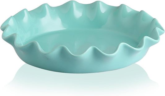 Sweejar Ceramic 11.5 Inches Pie Pan for Baking, Deep and Fluted Porcelain Round Pie Dish, Non-Stick Pie Plate for Pumpkin Pie, Apple Pie, Pie Pots with Morden Farmhouse Design(Turquoise)
