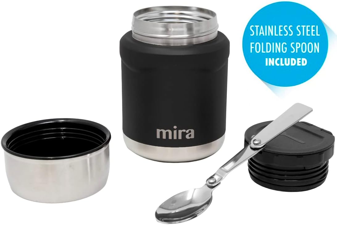 MIRA 15 oz Insulated Food Thermos for hot and cold foods - Leak-Proof Stainless Steel Container with Spoon - Black