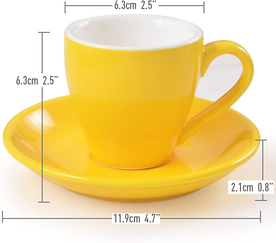 Porcelain Espresso Cup with Saucer And Stainless Steel mini Spoons, Espresso shot Cup, 80ml/2.7Oz, Pack of 2, Yellow