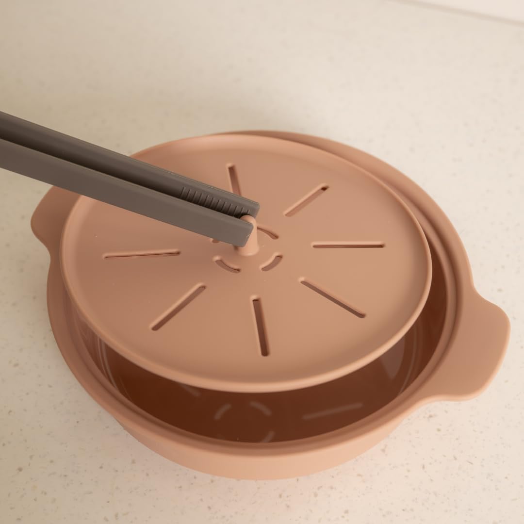 Microwave Silicone Steamer for Baby Food, Made In Korea, Oven & Dishwasher Safe to 482°F, Easy Clean, Microwave Pot with Handle & Lid, 100% Food Grade Steamer Bowl (Creme Brulee, 29oz (850ml) with basket)