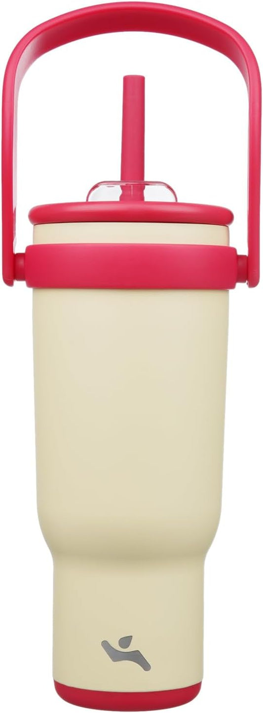 40 oz Tumbler with Side Handle, Insulated Water Bottle with Straw and 2 in 1 Lid, Stainless Steel Cup Travel Coffee Mug for Sports Office Gym,Cream
