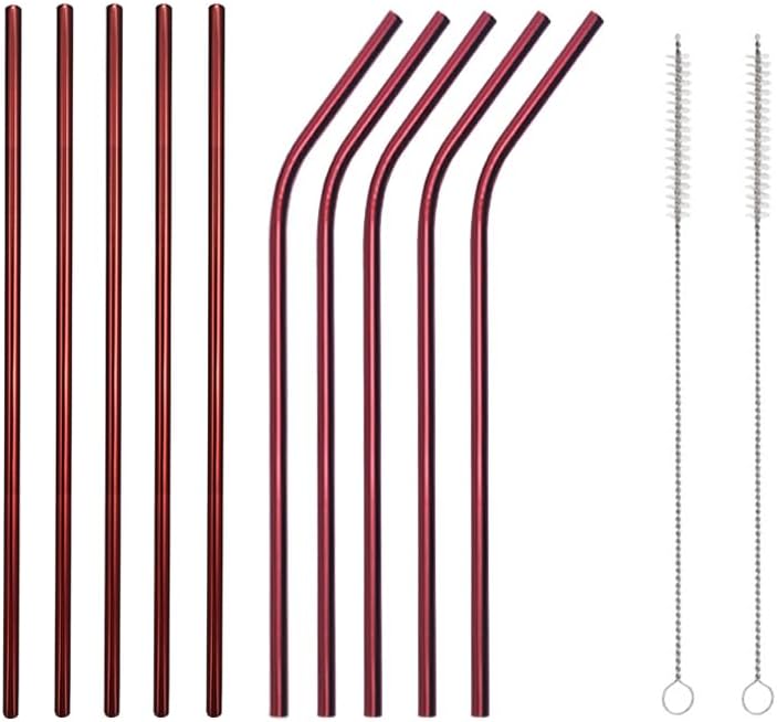 10 Pcs Stainless Steel Straws, Reusable Drinking Straws, 5 Straight + 5 Bent Metal Straws Set With 2 Pcs Cleaning Brushes (Red, 10.5 Inch)