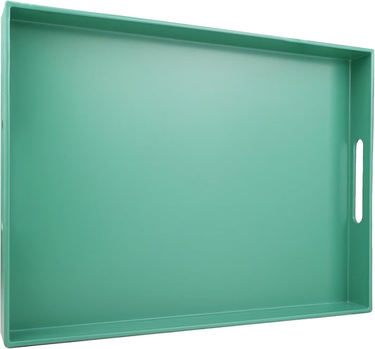 Green Serving Tray for Coffee Table, Rectangular Plastic Decorative Tray with Handles for Entertaining, Outdoor Patio, Living Room, Ottoman, Bathroom Counter, 11.8”*15.7”*1.6”