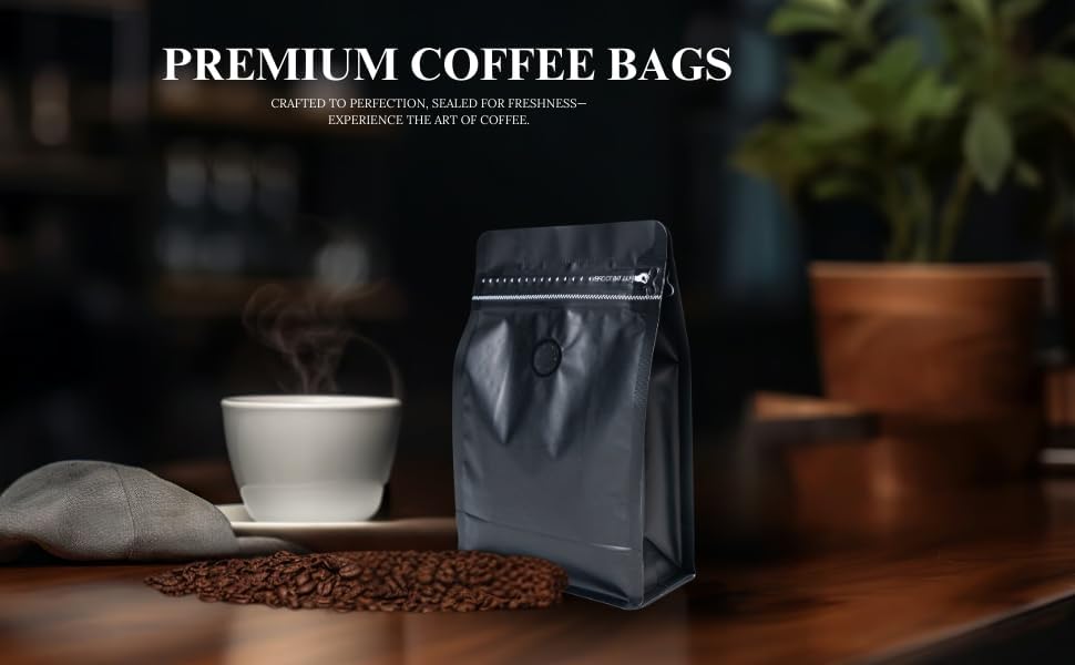 Premium Coffee Bags with Valve (100 pcs, 8 oz) Standing Coffee Beans Storage Bags, Reusable Heat Sealable Side Zipper Pouches, Eco-Friendly Packaging, Perfect for Home and Office - Black