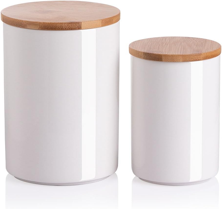 Sweejar Kitchen Ceramic Food Storage Containers Set, Stackable Canisters for Countertop with Airtight Boomboo Lids for Serving Ground Coffee, Tea, Sugar, Salt and More- Set of 2 (White)