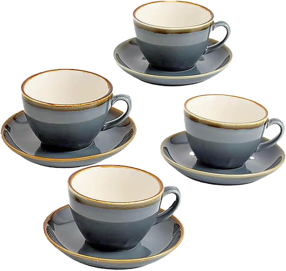 SHUER Ceramic Cappuccino Cup Set of 4, 7.8 OZ Cups and Saucers Set,Coffee Mocha Cup Sets,Black Coffee Cups and Glaze Americano Mugs Great for Party and Low Tea Time (Blue 220ml)