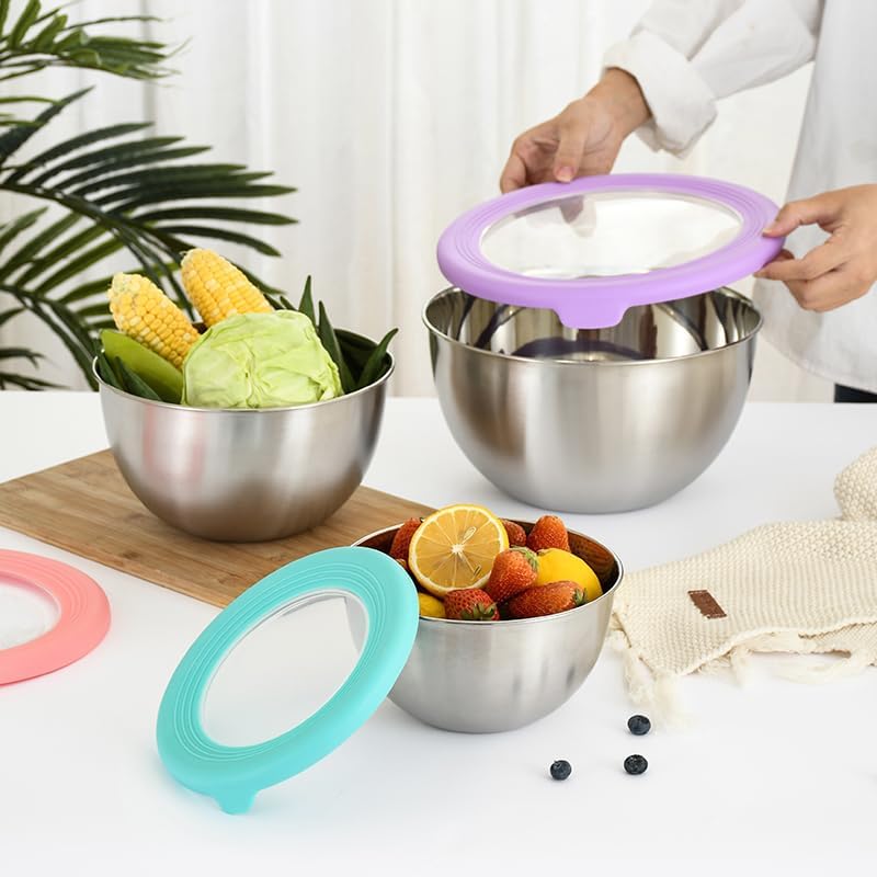Mixing Bowl Set with Lids 3 Pieces Stainless Steel Mixing Bowl Nesting Metal Bowl Set for Cooking Baking Prepping & Food Storage Dishwasher Safe