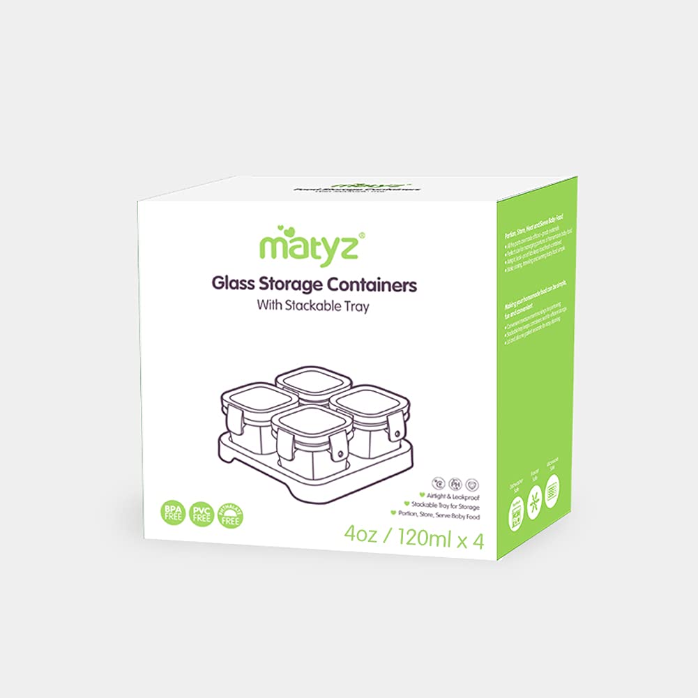 Matyz 4-Pack Glass Baby Food Jars With Lids Airtight Freezer Microwave Oven Safe (Mint Green, 4 OZ Each) - Small Solid Food Storage Containers Baby Stackable Baby Food Containers Glass