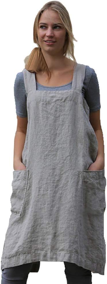 Women's Pinafore Square Apron Baking Cooking Gardening Works Cross Back Cotton/Linen Blend Dress with 2 Pockets