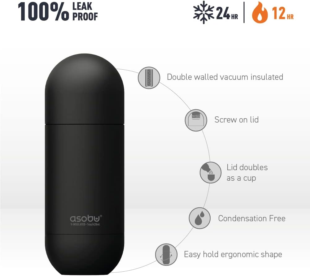 Asobu Orb Stainless Steel Double Wall Insulated Travel Water Bottle 14 Ounce (Black)