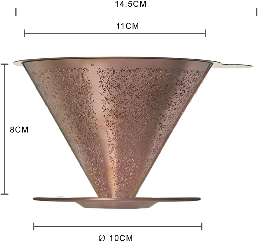 ATHIA Golden Reusable Coffee Filter, Stainless Steel Pour Over Dripper with Laser-etched Mesh cone, Eco-friendly Paperless Design, Fits Most Mugs, Carafes & Hario Brewers (Rose Golden, Flower Carving)