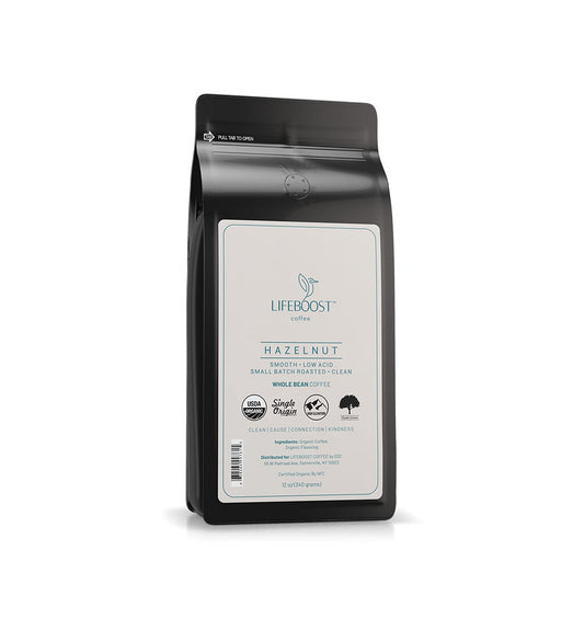 Lifeboost Hazelnut Whole Bean Coffee – Organic, Low Acid, Non-GMO Hazelnut Flavored Coffee – Single Origin, Mold-Free Mycotoxin Tested, 12 oz