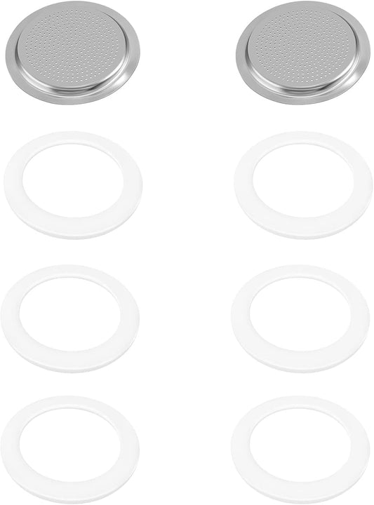 6 Pieces Moka Pot Replacement Cup Gasket with 2 Pcs Stainless Filter Silicone Moka Express Replacement Seals Funnel Kits Compatible Espresso Coffee Maker Parts(1-cup)