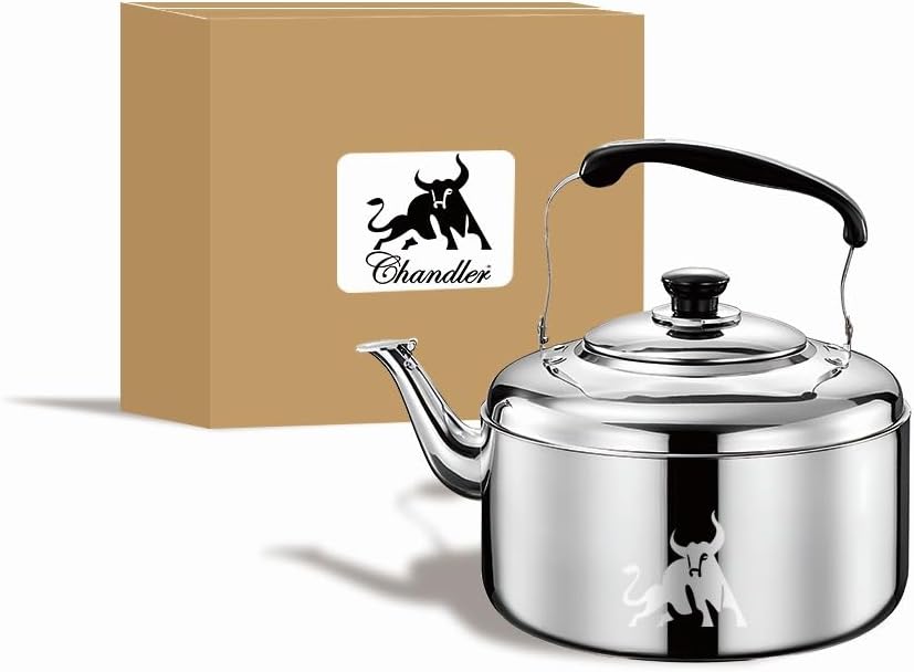 Chandler 5 Liter Tea Pots, Vintage Tea Kettle - 0.4mm Stainless Steel Pot - Hard to Dent | Ergonomic Handle with a Cool Grip | Portable Tea Kettle For Camping (Silver Color)