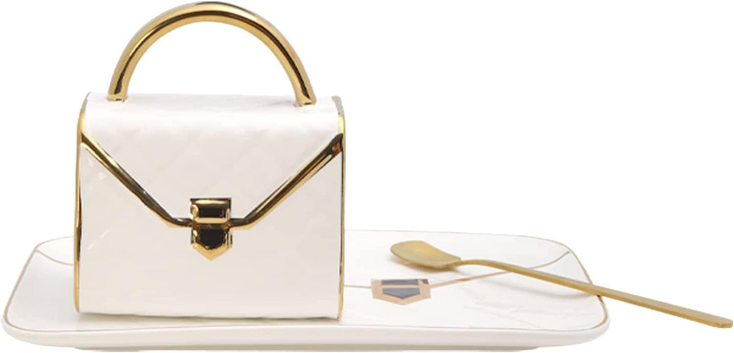YnsfreeCeramic Purse Coffee Mugs Set Tea Cup Unique Bag shaped mug and Saucer Set with Spoon and Saucer For Women Thanksgiving Christmas Gifts (White)