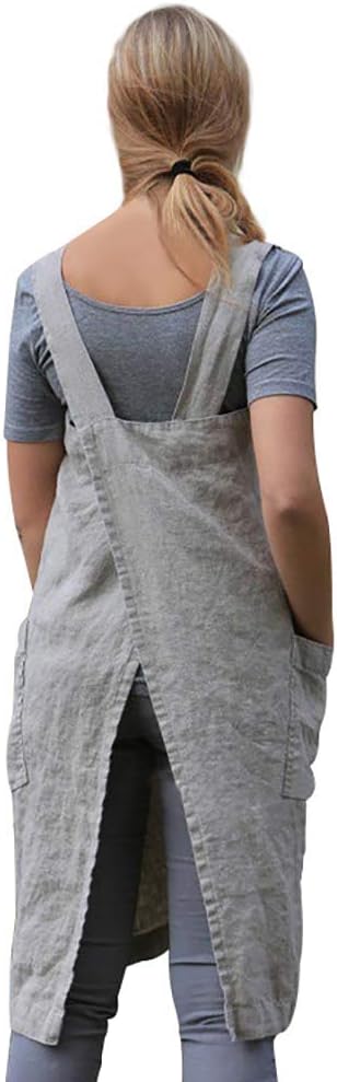 Women's Pinafore Square Apron Baking Cooking Gardening Works Cross Back Cotton/Linen Blend Dress with 2 Pockets