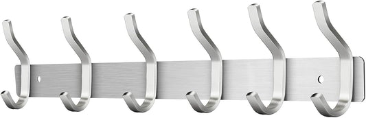 Wall Hooks Heavy Duty, 17 Inch Coat Rack Wall Mount with 6 Hooks, Silver Wall Hooks for Hanging Backpack, Bag, Purse, Clothes, Hat, Coat, Towel | Entryway & Bathroom Storage Organization Hanger