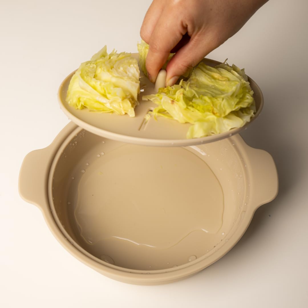 Microwave Silicone Steamer for Baby Food, Made In Korea, Oven & Dishwasher Safe to 482°F, Easy Clean, Microwave Pot with Handle & Lid, 100% Food Grade Steamer Bowl (Creme Brulee, 29oz (850ml) with basket)