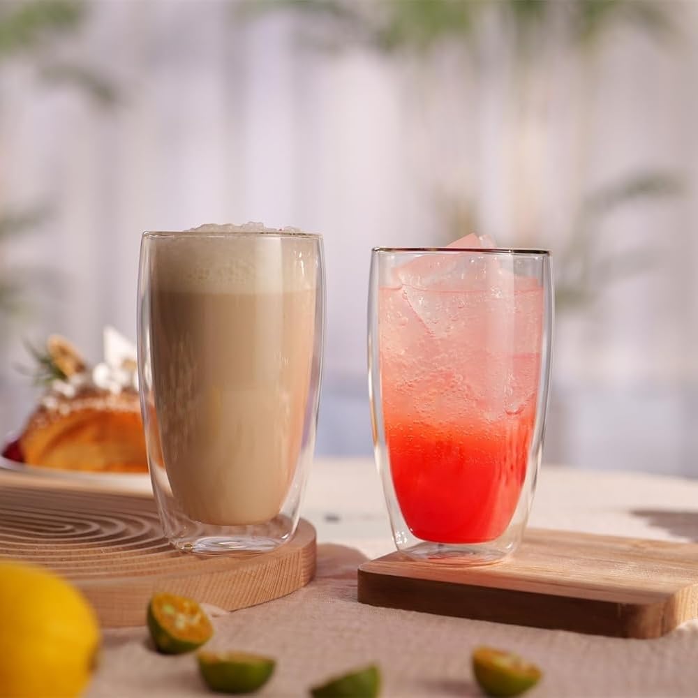 Glass Coffee Mugs Set of 2, Insulated Thermal Cups 15.2oz, Double Wall Clear Glass Coffee Cup for Tea/Juice/Milk, Latte Cappucino Espresso mug Glassware Gift for Christmas Birthday