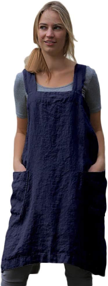 Women's Pinafore Square Apron Baking Cooking Gardening Works Cross Back Cotton/Linen Blend Dress with 2 Pockets