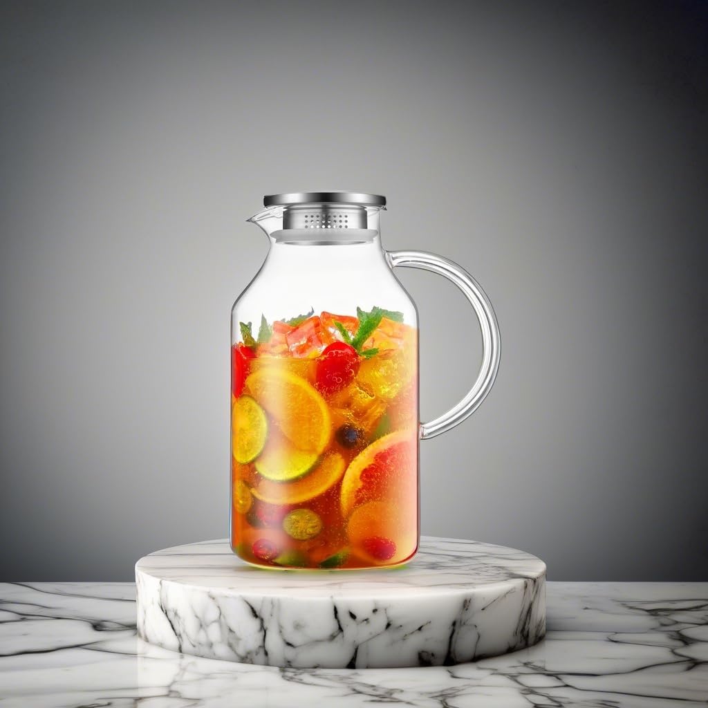 3 Liter 101 oz Glass Pitcher with Lid and Spout, Bivvclaz Glass Water Pitcher for Fridge, Glass Carafe for Hot/Cold Water, Iced Tea Pitcher, Large Jug for Coffee, Juice and Homemade Beverage