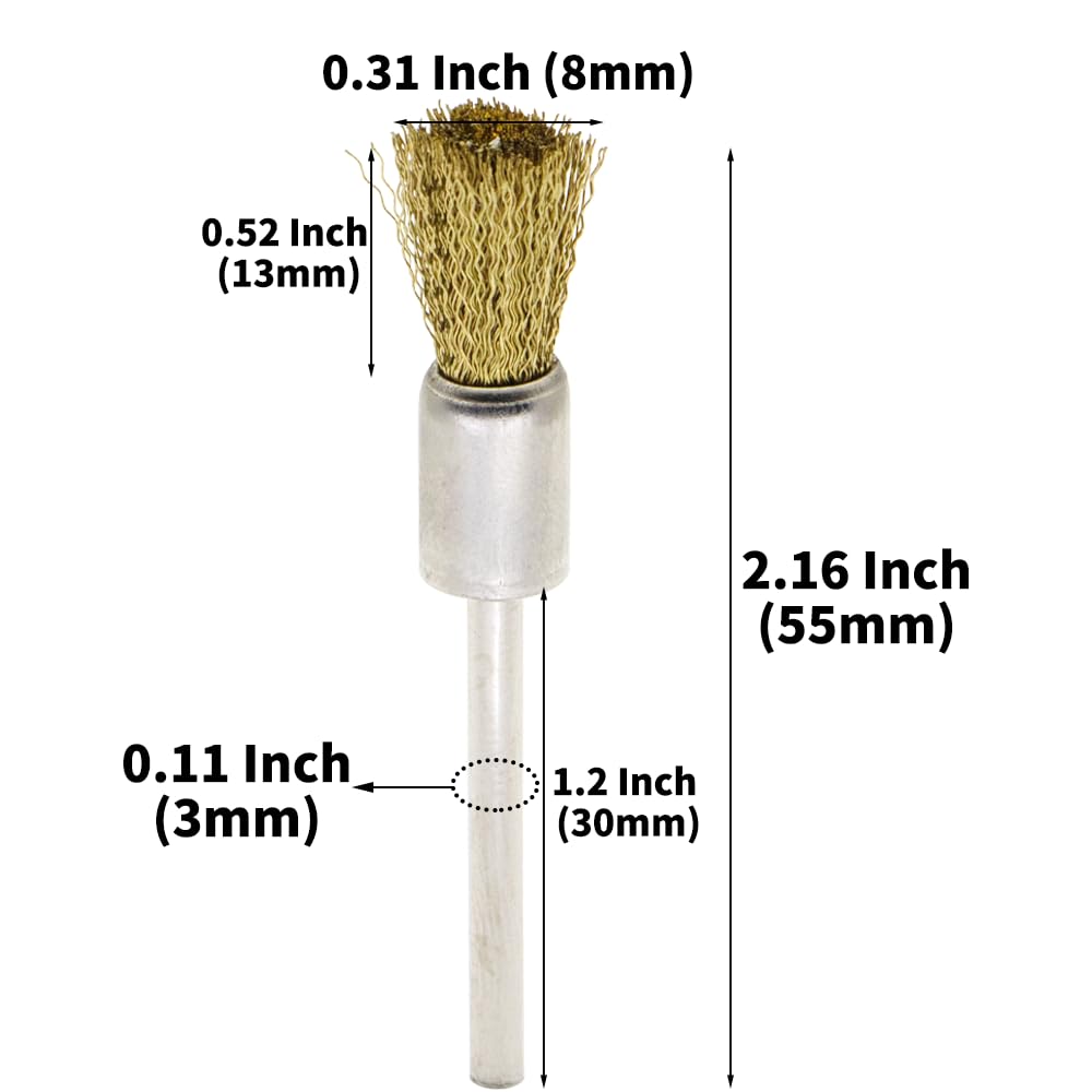 20PCS Brass Wire Brushes - Metal Rust Removal, Cleaning, and Polishing - 8mm Diameter, 1/8″ (3mm) Shaft - Removes Burrs, Dust, and Oxide Layer - Handles Rough Surfaces - Rotary Tool Accessories