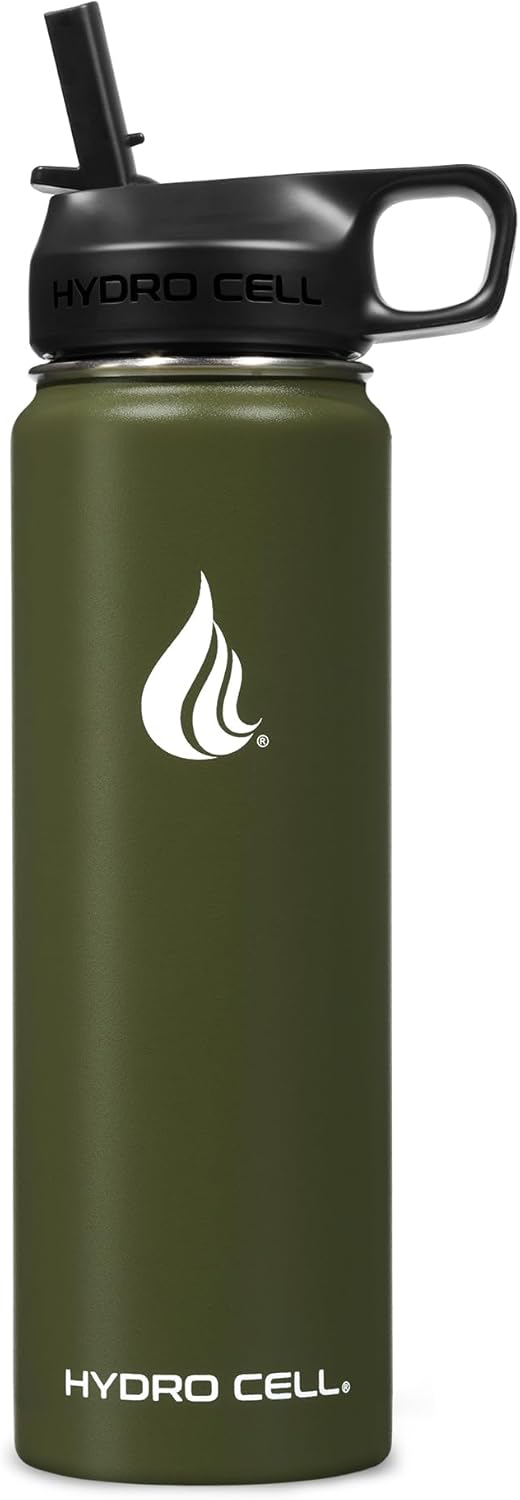 HYDRO CELL Stainless Steel Insulated Water Bottle with Straw - For Cold & Hot Drinks - Metal Vacuum Flask with Screw Cap and Modern Leakproof Sport Thermos for Adults (Army 24oz)