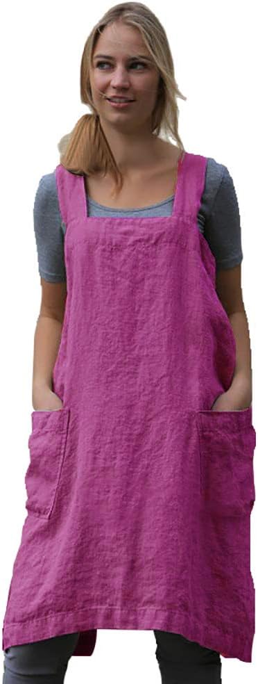 Women's Pinafore Square Apron Baking Cooking Gardening Works Cross Back Cotton/Linen Blend Dress with 2 Pockets