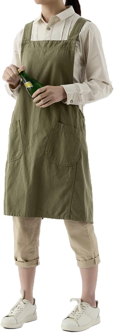 Soft Cotton Linen Apron for Women - Non-tie Cross Back Apron with Pockets, Great for Florist and Kitchen
