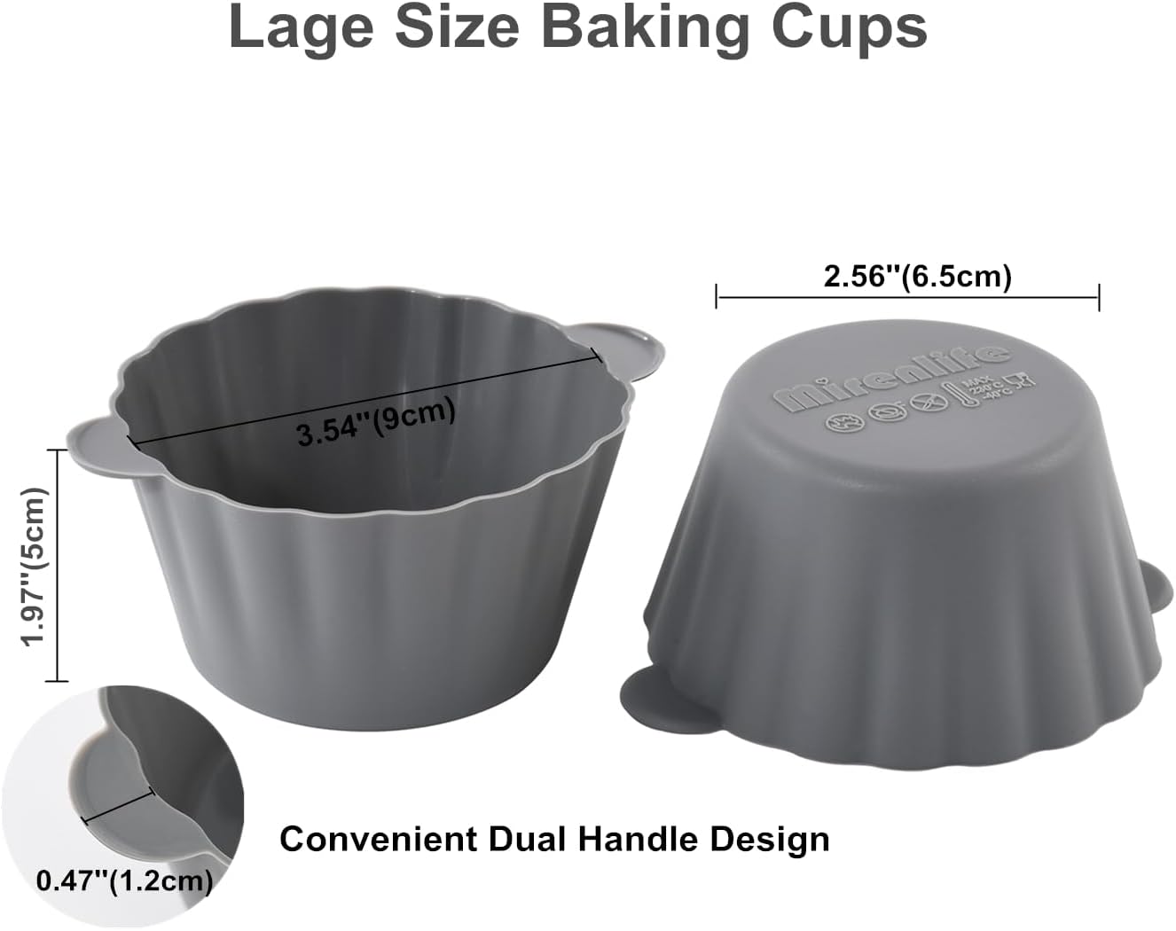 12 Pack Reusable Non-stick Large Silicone Baking Cups, 3.54 Inch Jumbo Silicone Cupcake Liners, Cake Molds with Handles, Large Muffin cups, Red and Gray