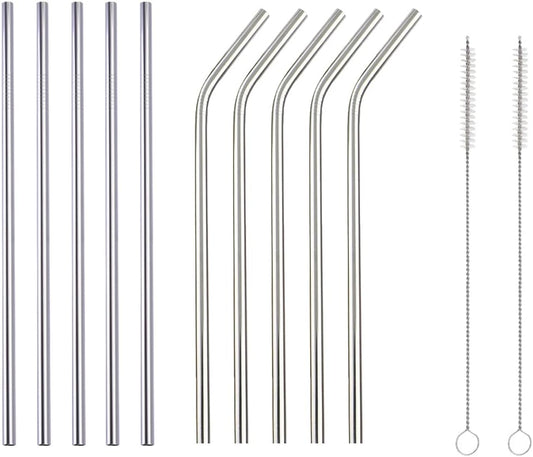 10 Pcs Stainless Steel Straws, Reusable Drinking Straws, 5 Straight + 5 Bent Metal Straws Set With 2 Pcs Cleaning Brushes (Silver, 10.5 Inch)