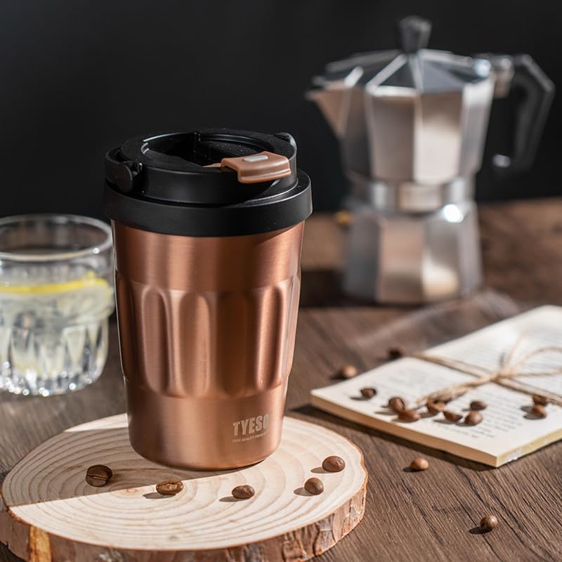 TYESO Stainless Steel Portable Tumbler with Flip Lid,Travel Mug with Concealed Carry Handle, Leakproof Insulated Coffee Cup (BLUE, 13 OZ)