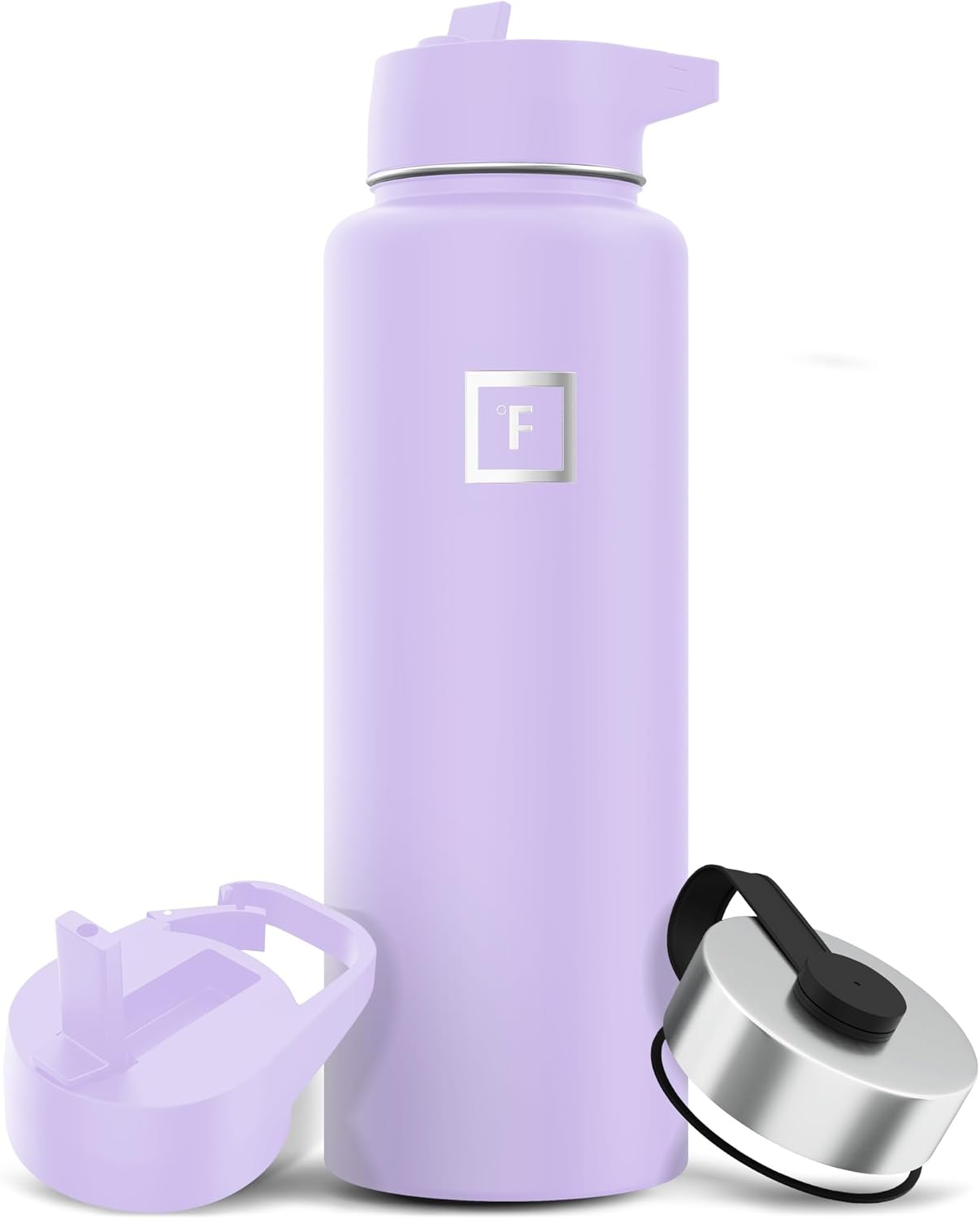 IRON °FLASK Camping & Hiking Hydration Flask with 3 Lids - Stainless Steel, Double Walled & Vacuum Insulated Water Bottle - Leak Proof & BPA Free (Lavender, Straw - 40 oz)
