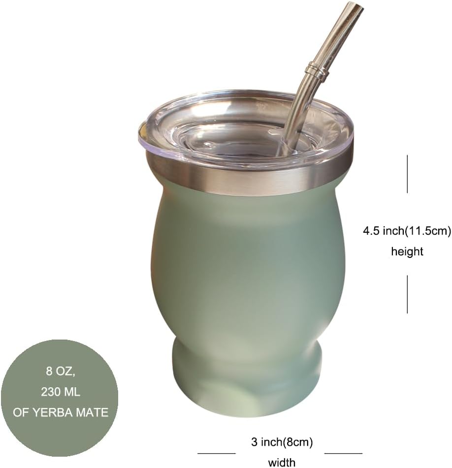 Beruth Bombilla Yerba Mate Gourd, 8oz Stainless Steel Tea Cup Set with a Multifunctional Lid, Two Straws and Cleaning Brushes, Double Walled Coffee Mug Heat Insulation Anti Scalding (Avocado Green)