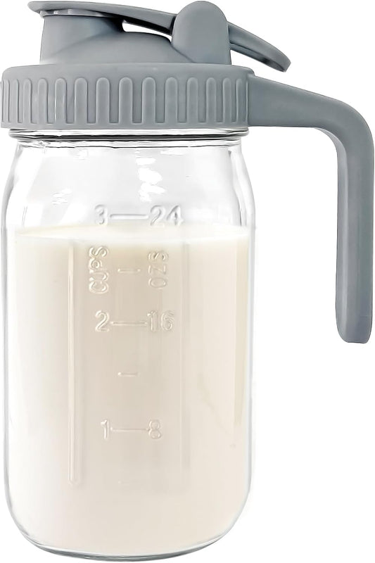 Breast Milk Pitcher Jug - 32 oz Glass Mason Jar Airtight Pitcher with Pour Spout Handle for Breastmilk, Iced Tea, Ice Drinks Storage Container