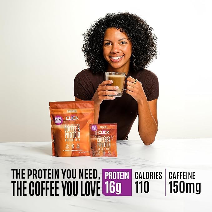 Click Coffee Protein Powder | Double Shot Espresso | 16g Protein | 23 Essential Vitamins | Low Calorie Meal Replacement | 150mg Caffeine | Gluten Free | No Artificial Flavors or Colors | Caramel