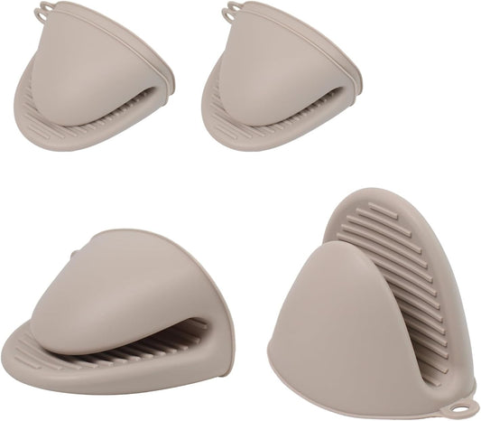 Silicone Oven Mitts Heat Resistant 3 Pair Mini Pot Pinch Grip- ChufanMomsil Short Cute Pot Holders Sets for Kitchen, Air Fryer, Baking, Small Silicone Rubber Oven Gloves Mittens, Khaki