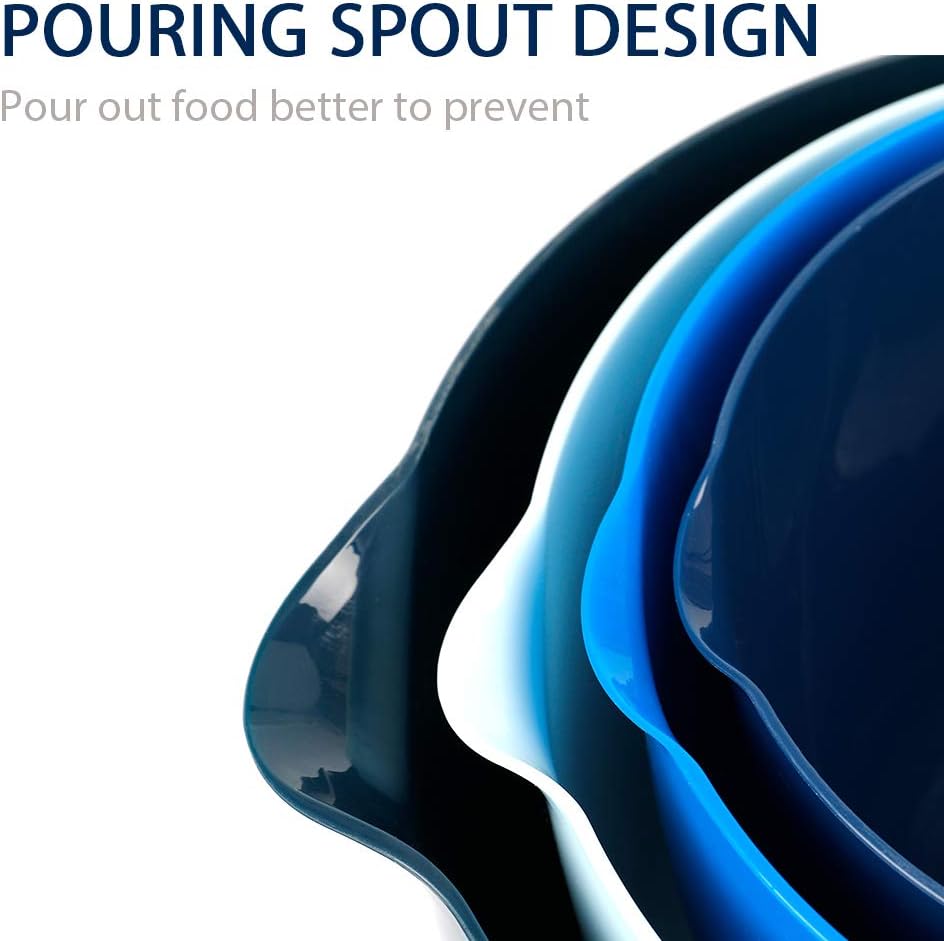 BoxedHome Nesting Plastic Mixing Bowl Set With Pour Spout, Microwave and Dishwasher Safe, BPA free Non-Slip Base, Set of 4 Size 1.7, 2.5, 3.5 and 4.5qt, Great for Prepping, Baking, Cooking (Dark Blue)