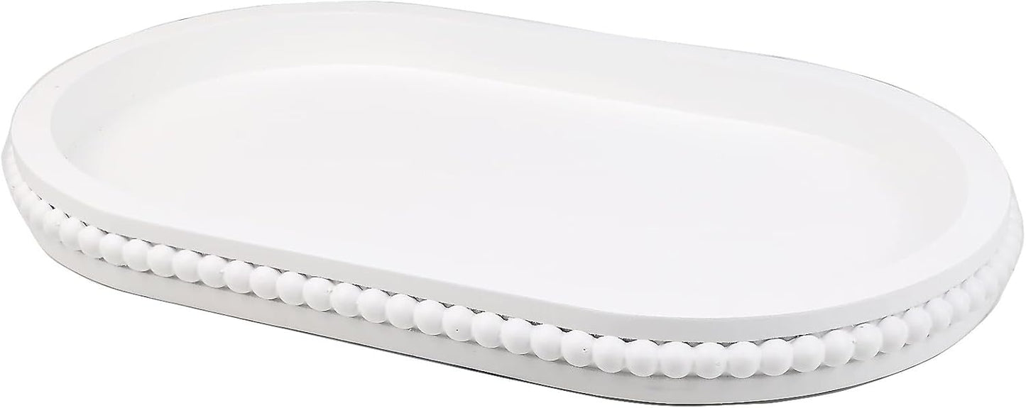 Oval Wood Serving Tray with Wooden Beads, Outdoor Farmhouse Decorative Tray for Ottoman, Coffee Table, Kitchen Counter Organizer, Home Decor(White)